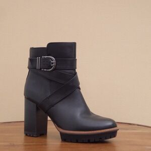 Naturalizer Women Lyra Ankle Boots Black Leather Buckle Platform Block Heel 7.5M